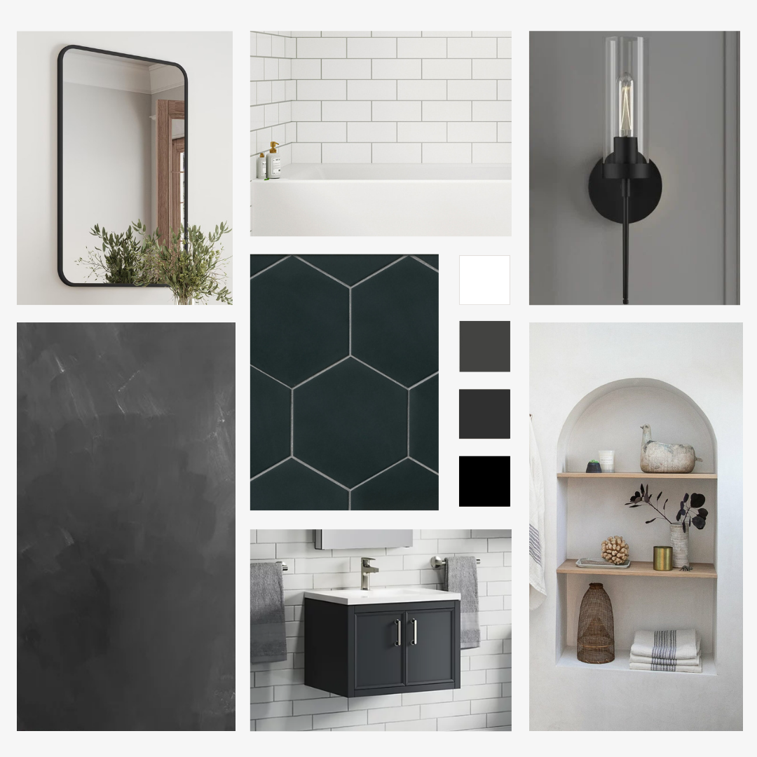 Design mood board with tile samples, fixtures, and material selections
