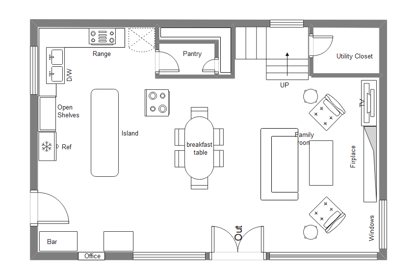 Open floor plan architectural diagram showing a kitchen flowing into living and dining areas