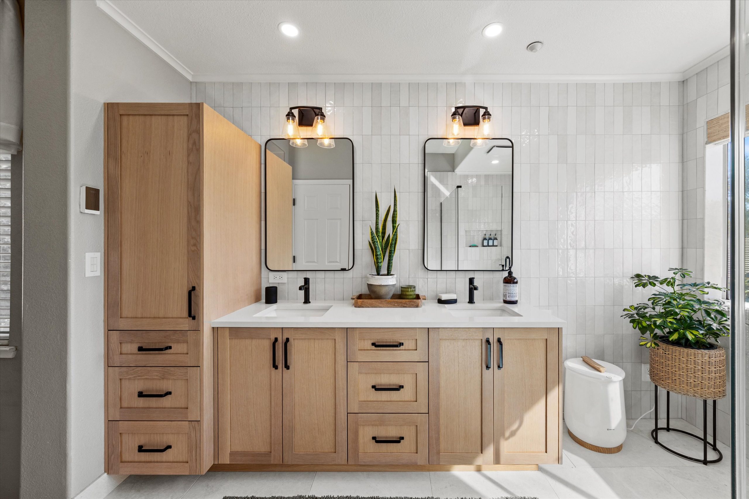 After: Completed shower with charcoal pan and modern tile