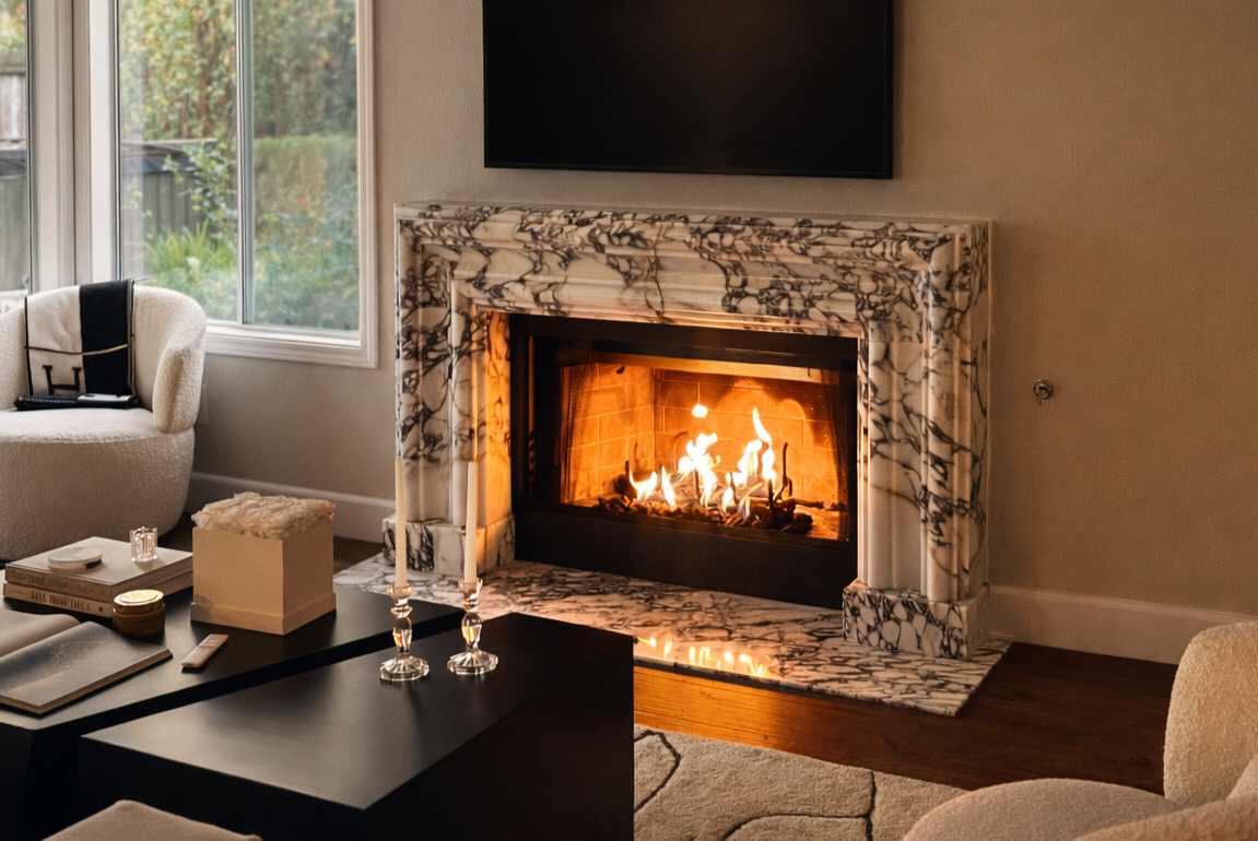 Custom fireplace remodel with natural stone surround, roaring fire, and mounted television above mantle