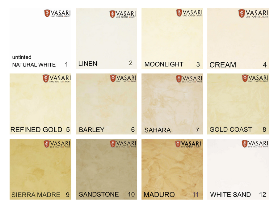 Vasari Marmorino plaster color swatches showing available finish options