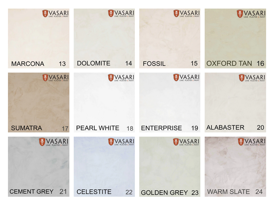 Vasari Marmorino plaster color swatches showing available finish options