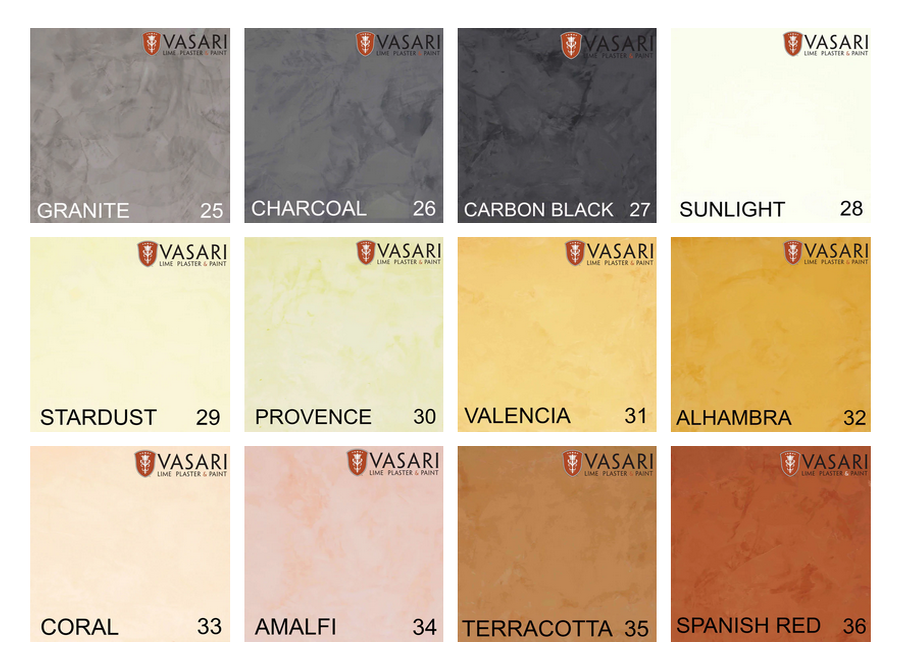 Vasari Marmorino plaster color swatches showing available finish options