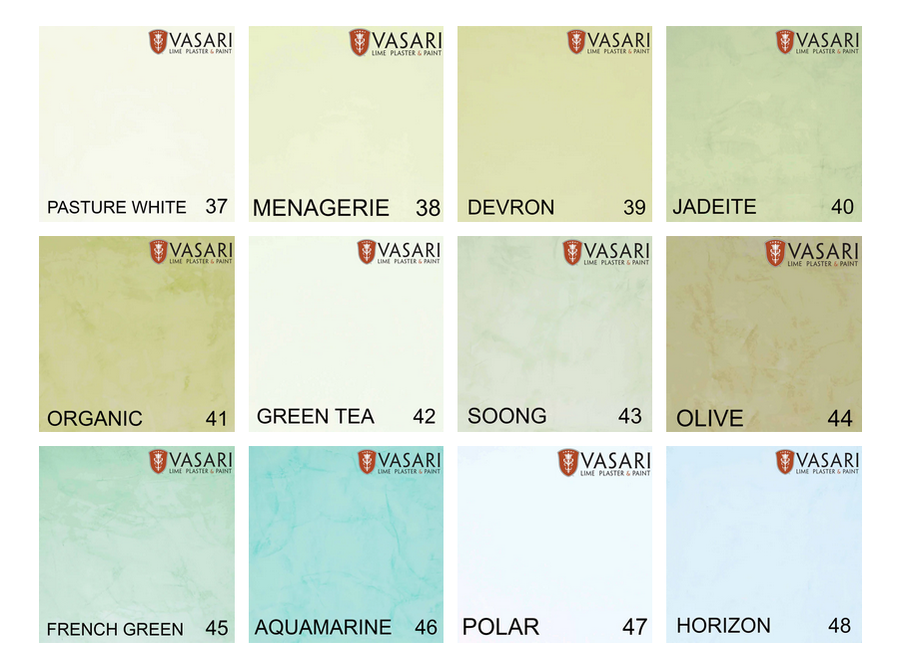 Vasari Marmorino plaster color swatches showing available finish options